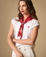 Camiseta tejida con bordado y cuello en V - Crudo
