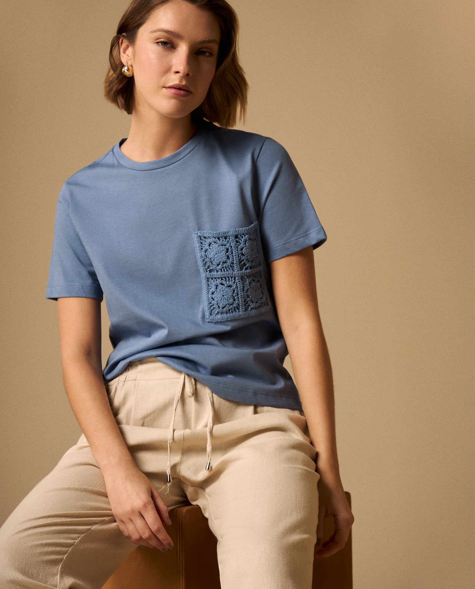 Camiseta con Bordado en Encaje - Azul 34_109G010_AZU174015_0