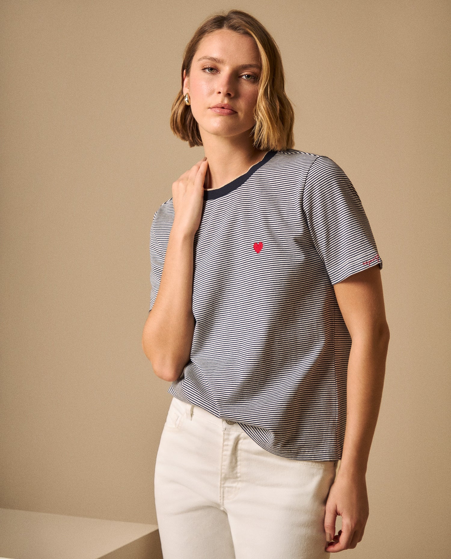 Camiseta Rayas con Corazón Bordado - Azul