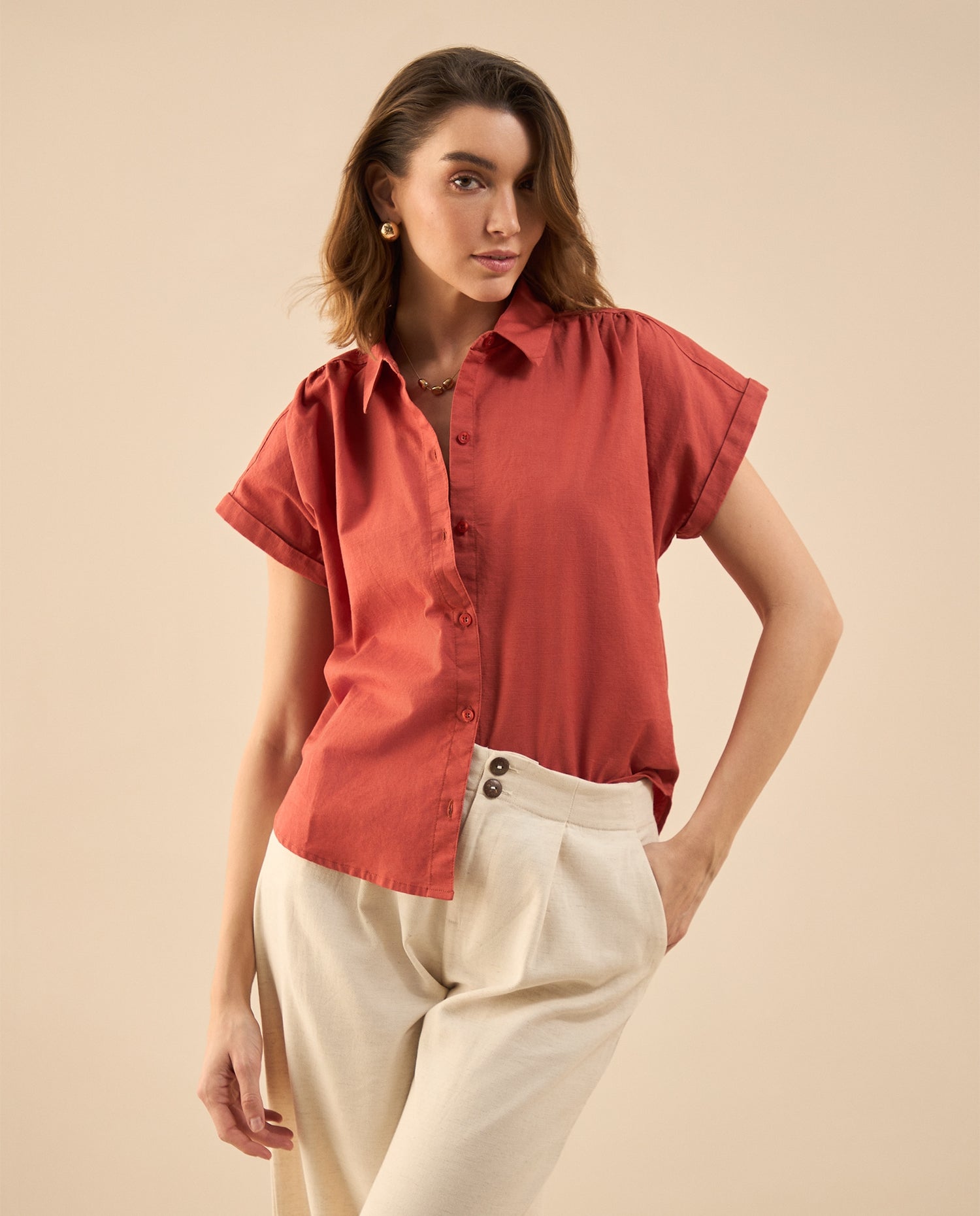 Camisa de cuello clásico para mujer - Rojo