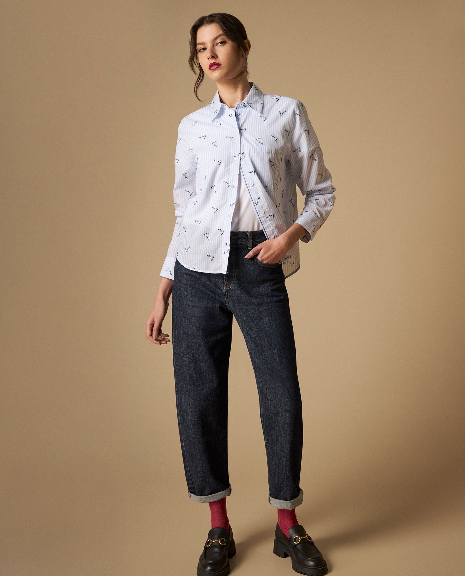 Camisa de cuello camisero manga larga en algodón - Azul