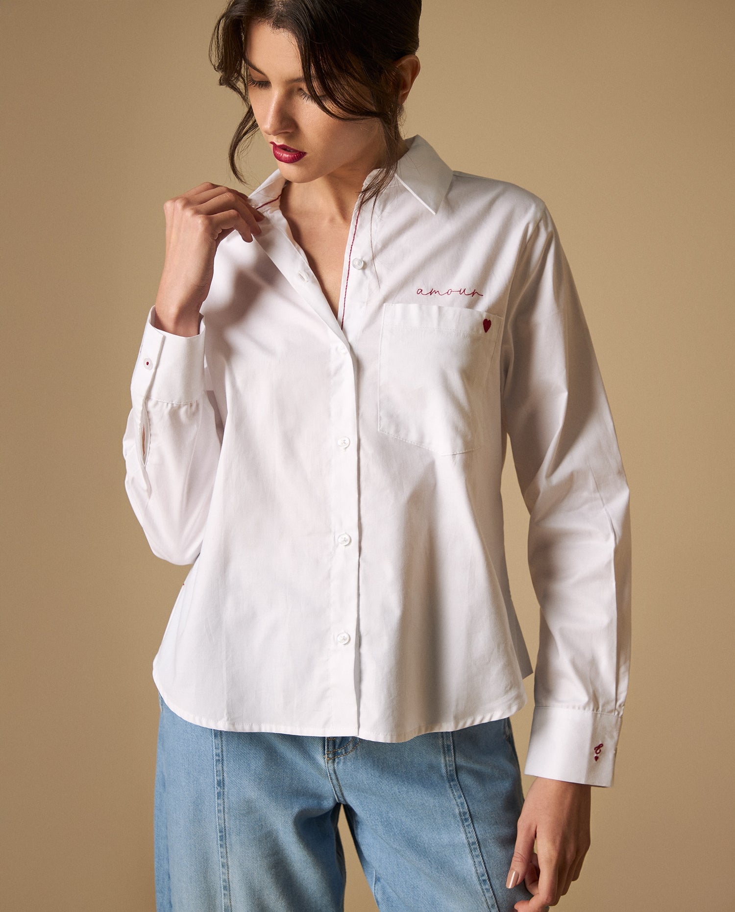 Camisa manga larga con bordado en pecho y puño - Blanco