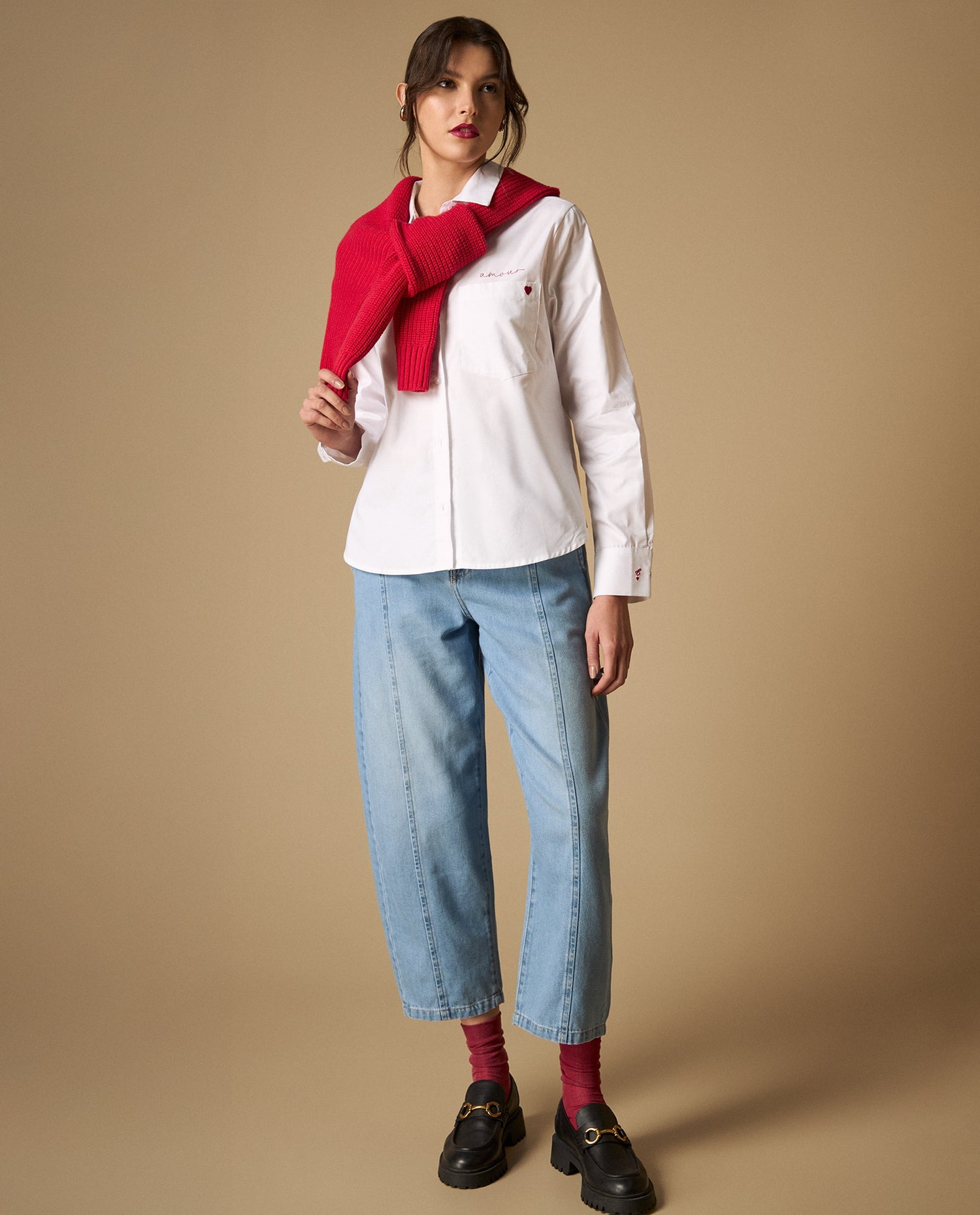 Camisa manga larga con bordado en pecho y puño - Blanco