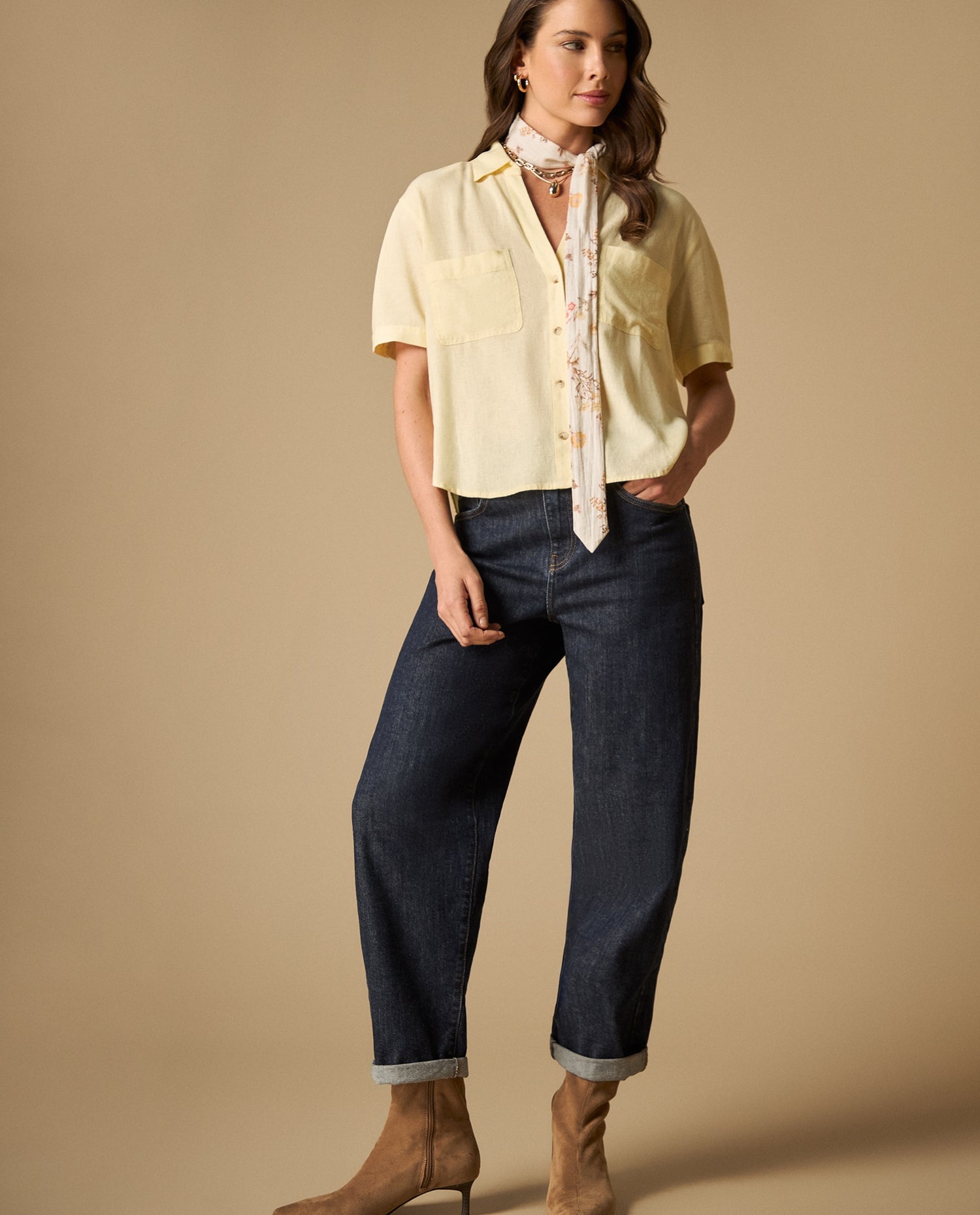 Camisa manga larga cuello camisero en viscosa-lino - Amarillo