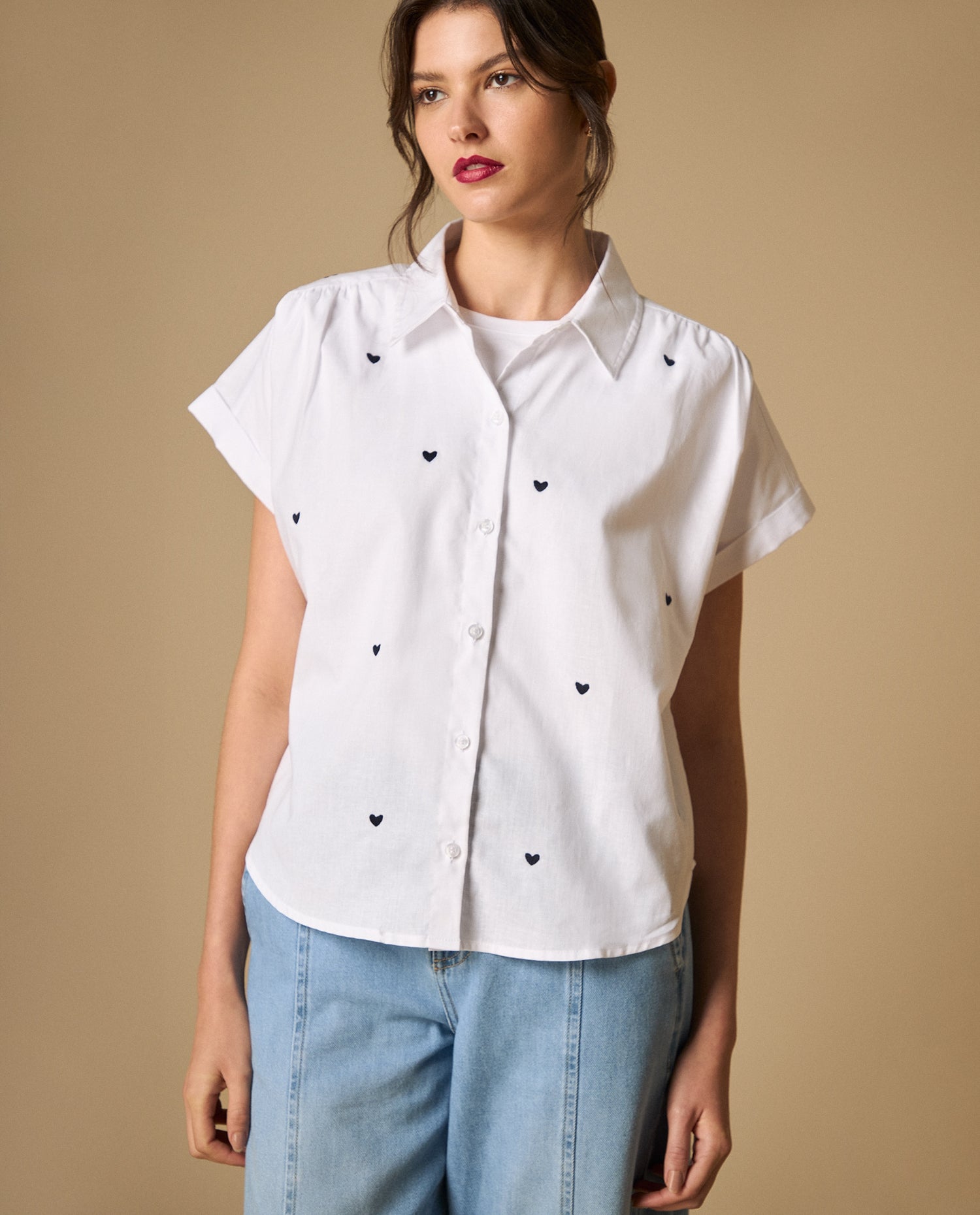 Camisa bordada manga sisa con cuello camisero - Blanco