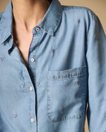 Camisa bordada manga larga cuello camisero - Azul