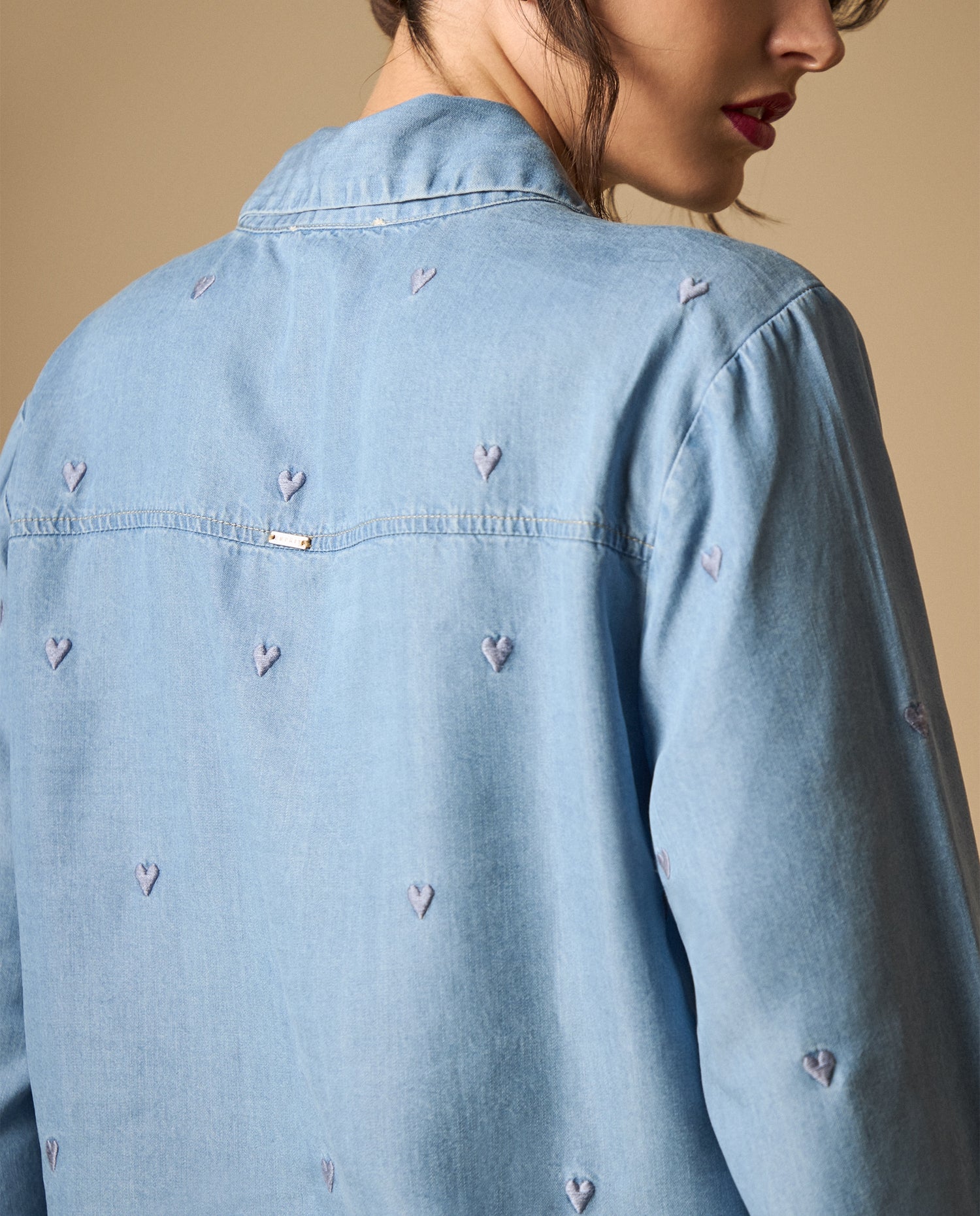 Camisa bordada manga larga cuello camisero - Azul