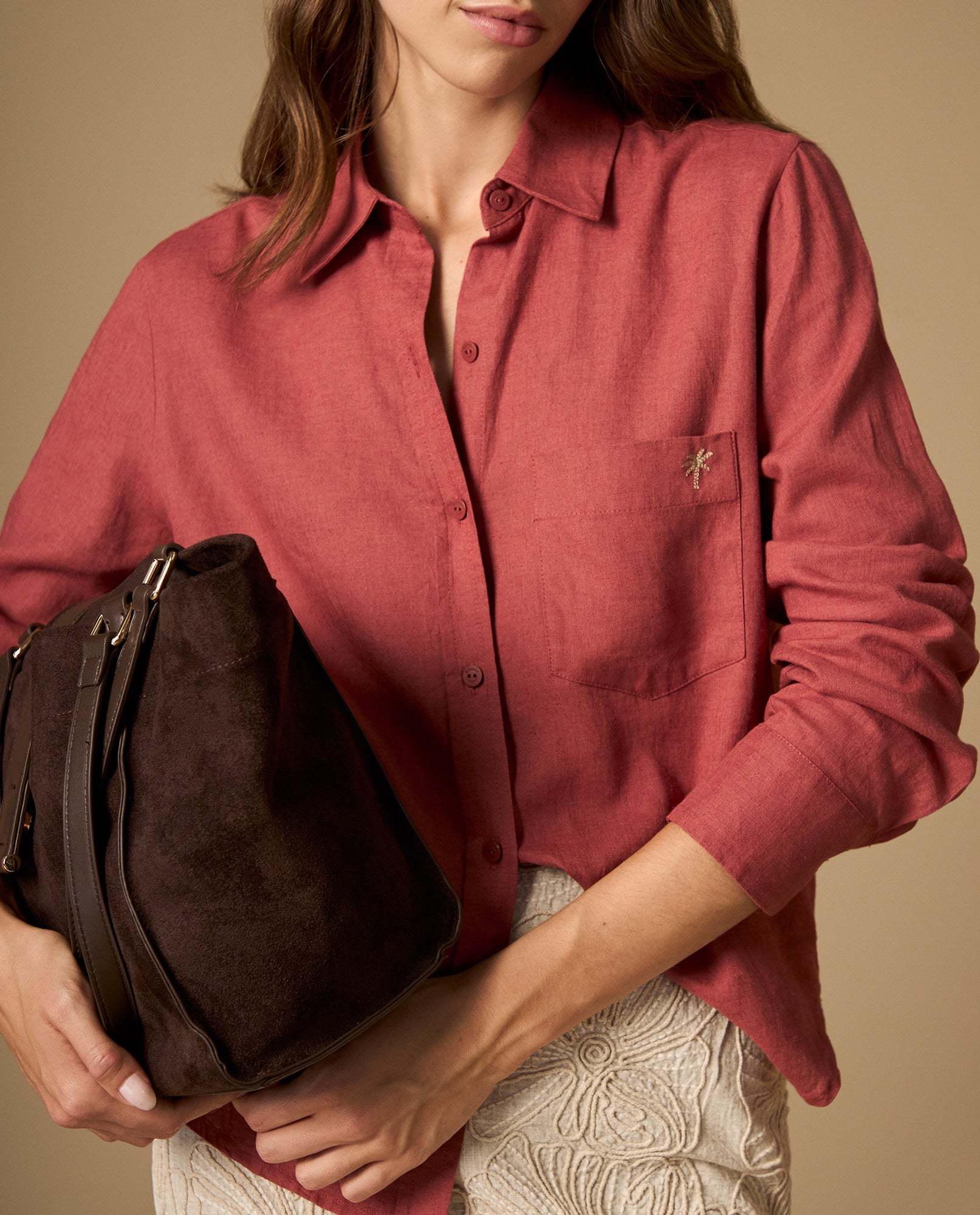 Camisa manga larga con bolsillo y bordado decorativo - Naranja 34_112H912_NAR181536_5