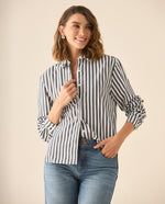 Camisa de rayas con bordado en el cuello para mujer - Negro