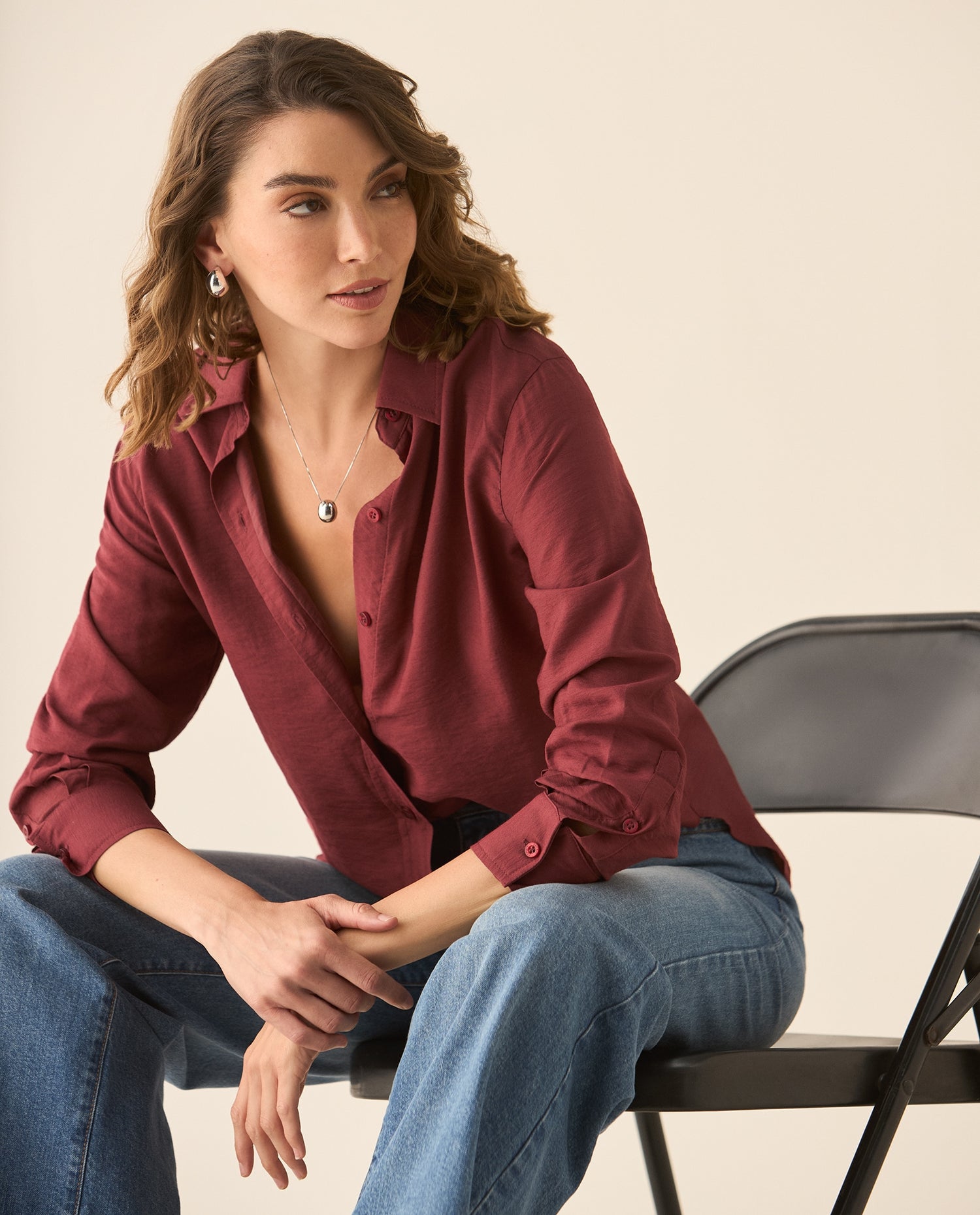 Camisa manga larga con ruedo curvo para mujer - Rojo