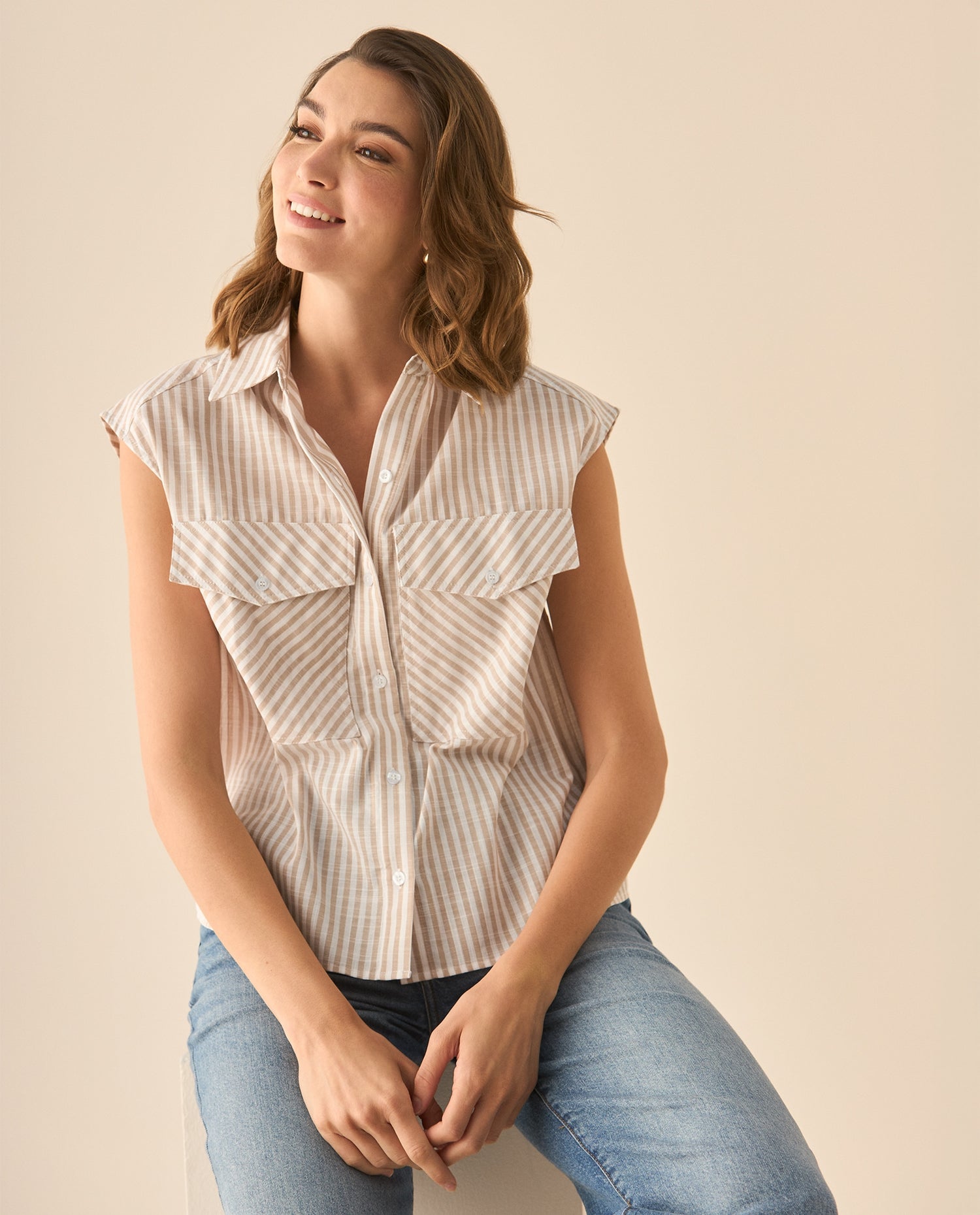 Camisa a rayas manga sisa para mujer - Café