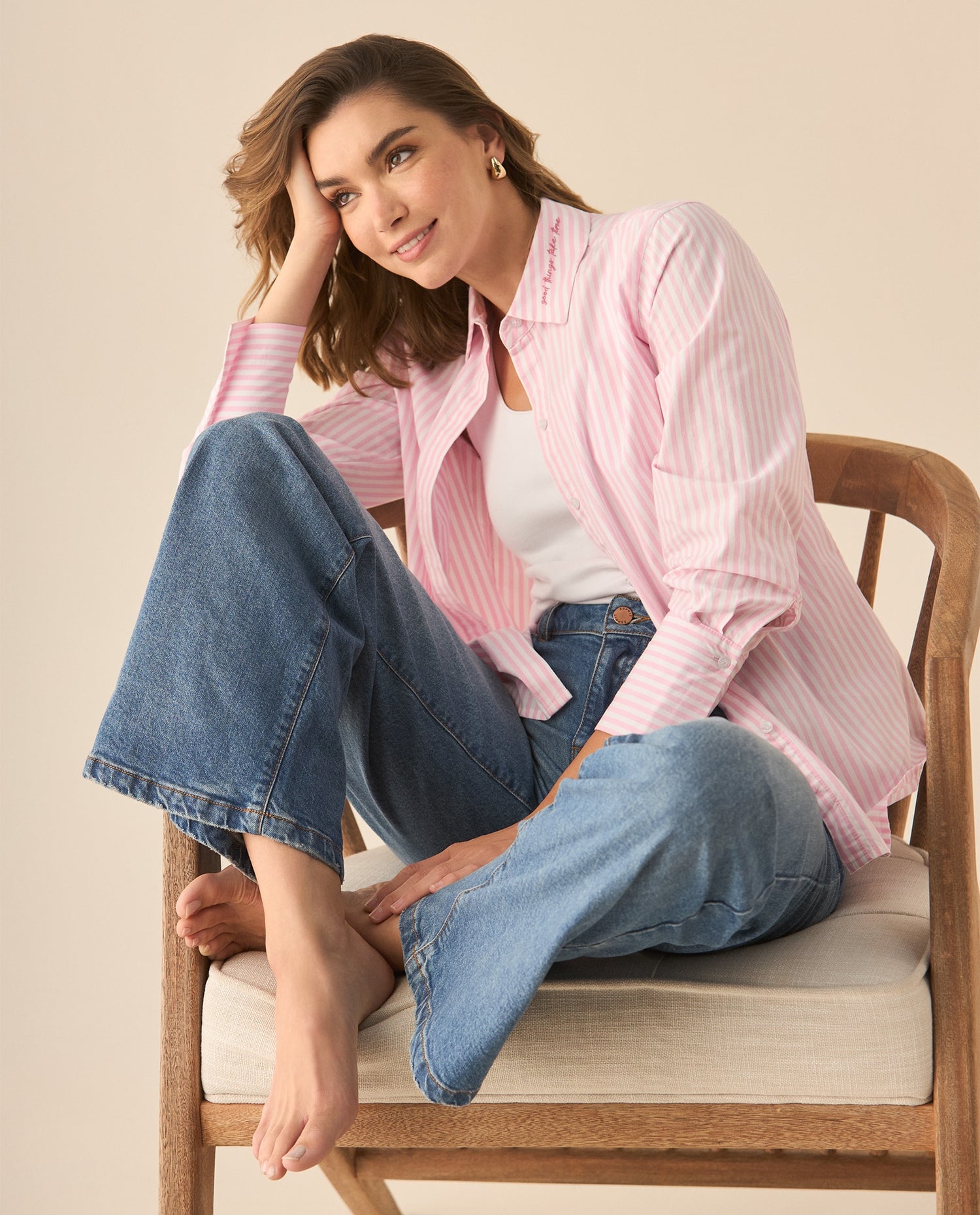 Camisa a rayas con bordado en el cuello para mujer - Rosa