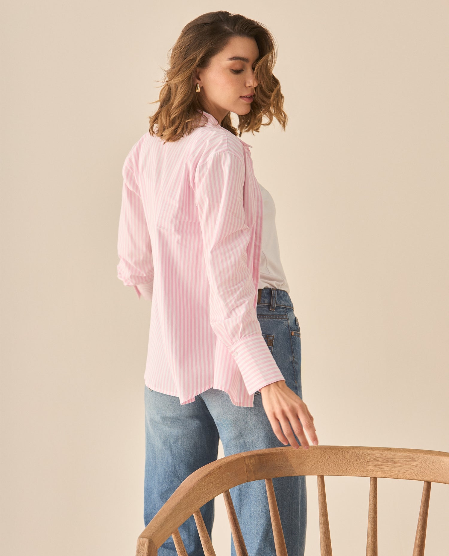 Camisa a rayas con bordado en el cuello para mujer - Rosa