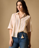 Camisa Rayas Manga Corta Premium - Crudo
