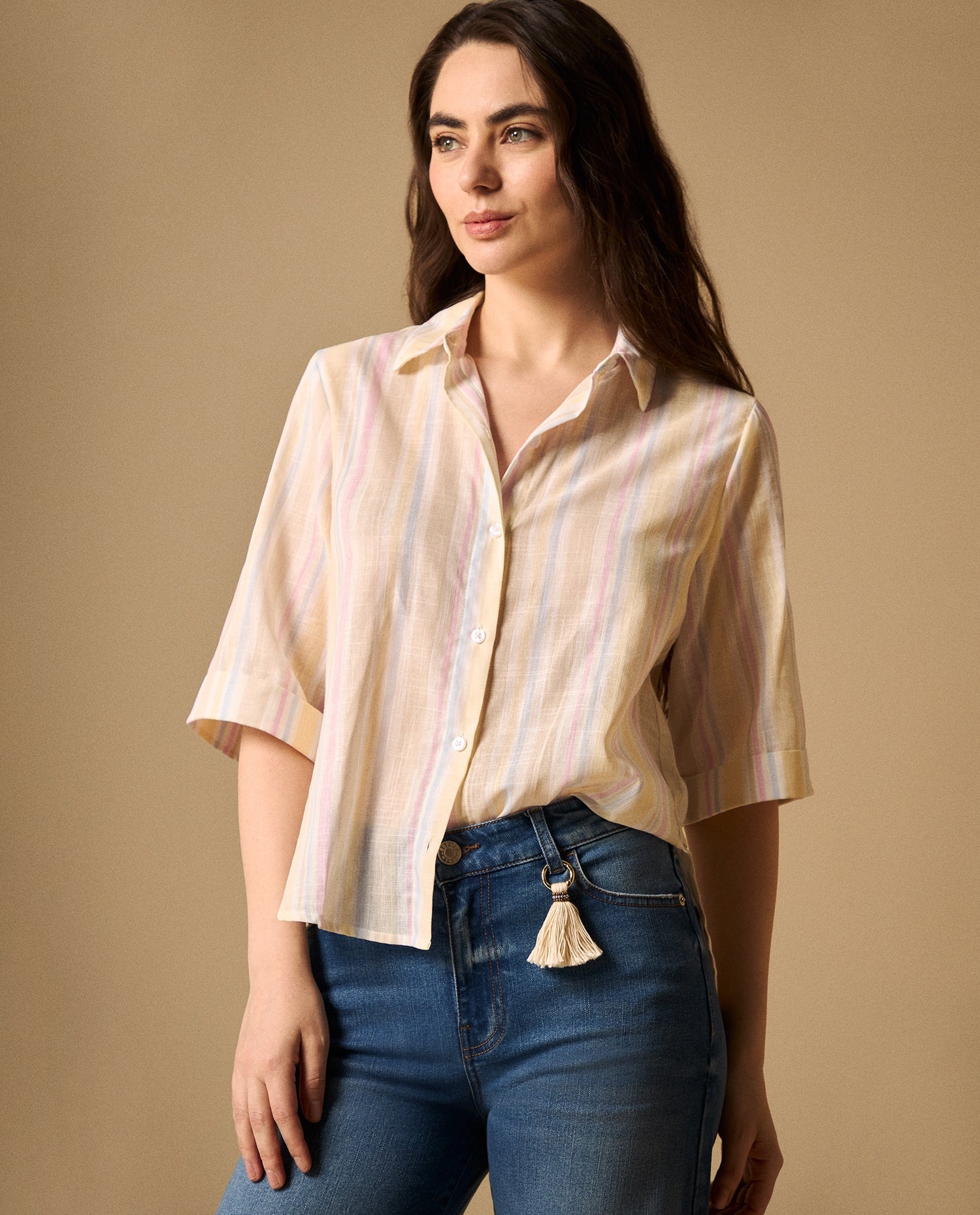 Camisa Rayas Manga Corta Premium - Crudo