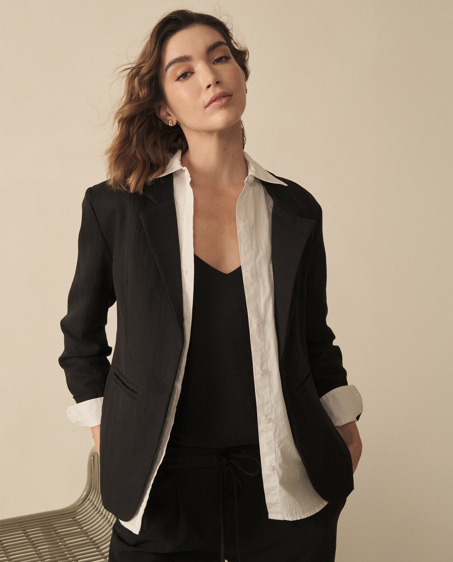 Blazer largo de diseño abierto para mujer - Negro