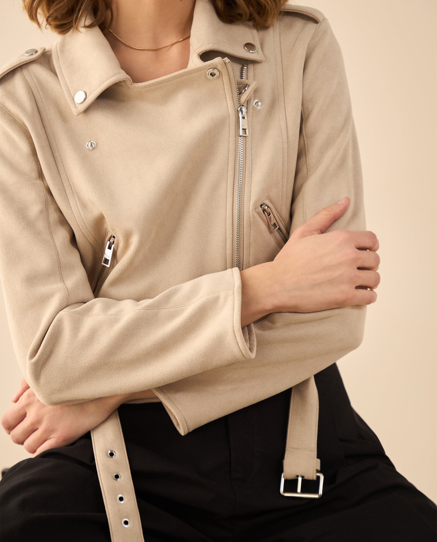 Chaqueta tipo biker en gamuza para mujer - Caqui