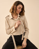 Chaqueta tipo biker en gamuza para mujer - Caqui
