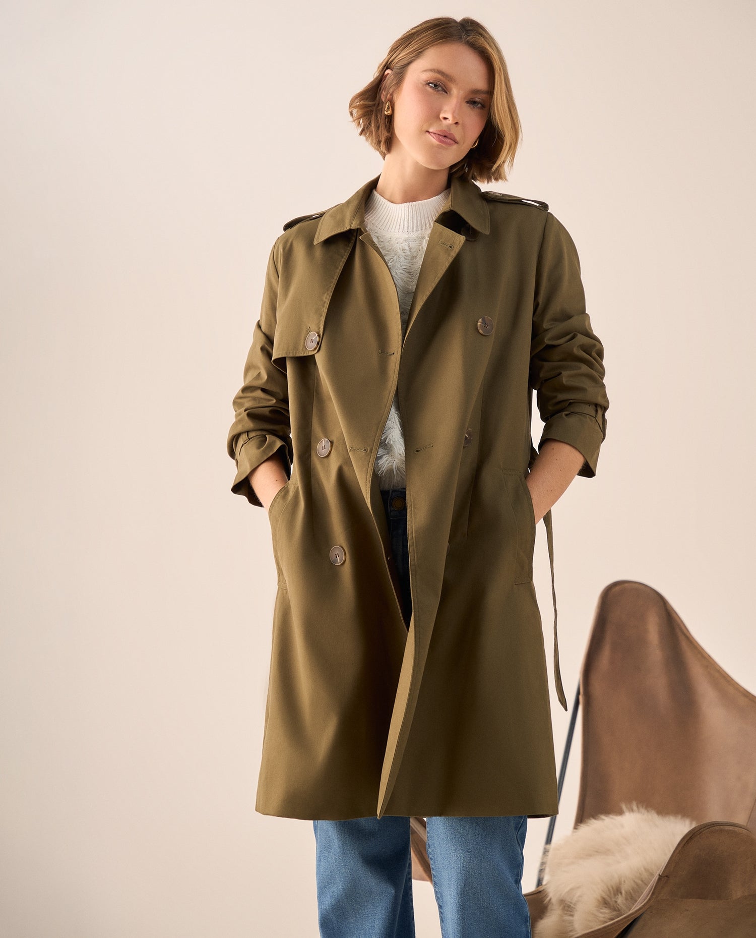 Trench Azul Bahía con Cinturón Ajustable - Verde