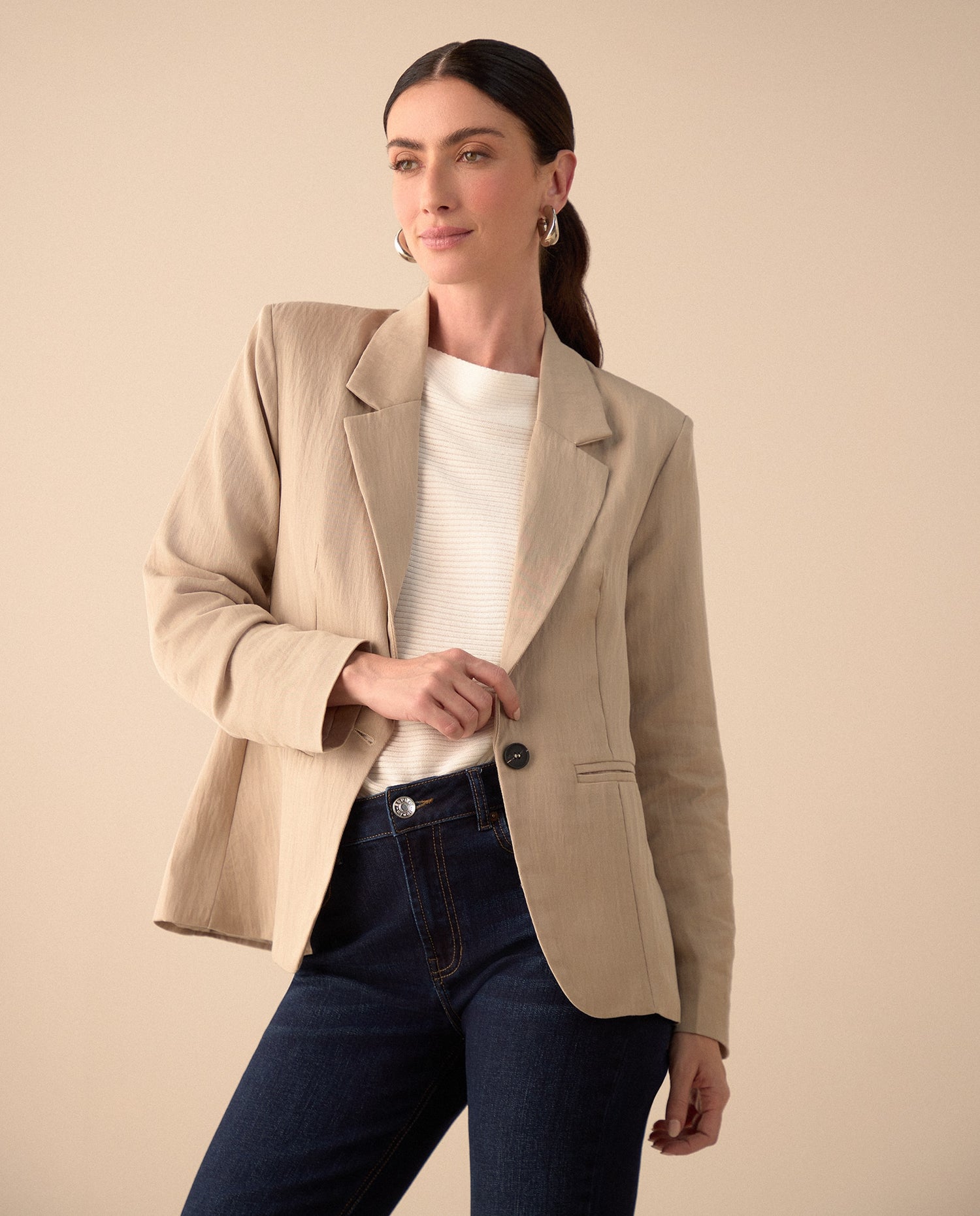 Blazer elegante de cuello solapa para mujer - Beige