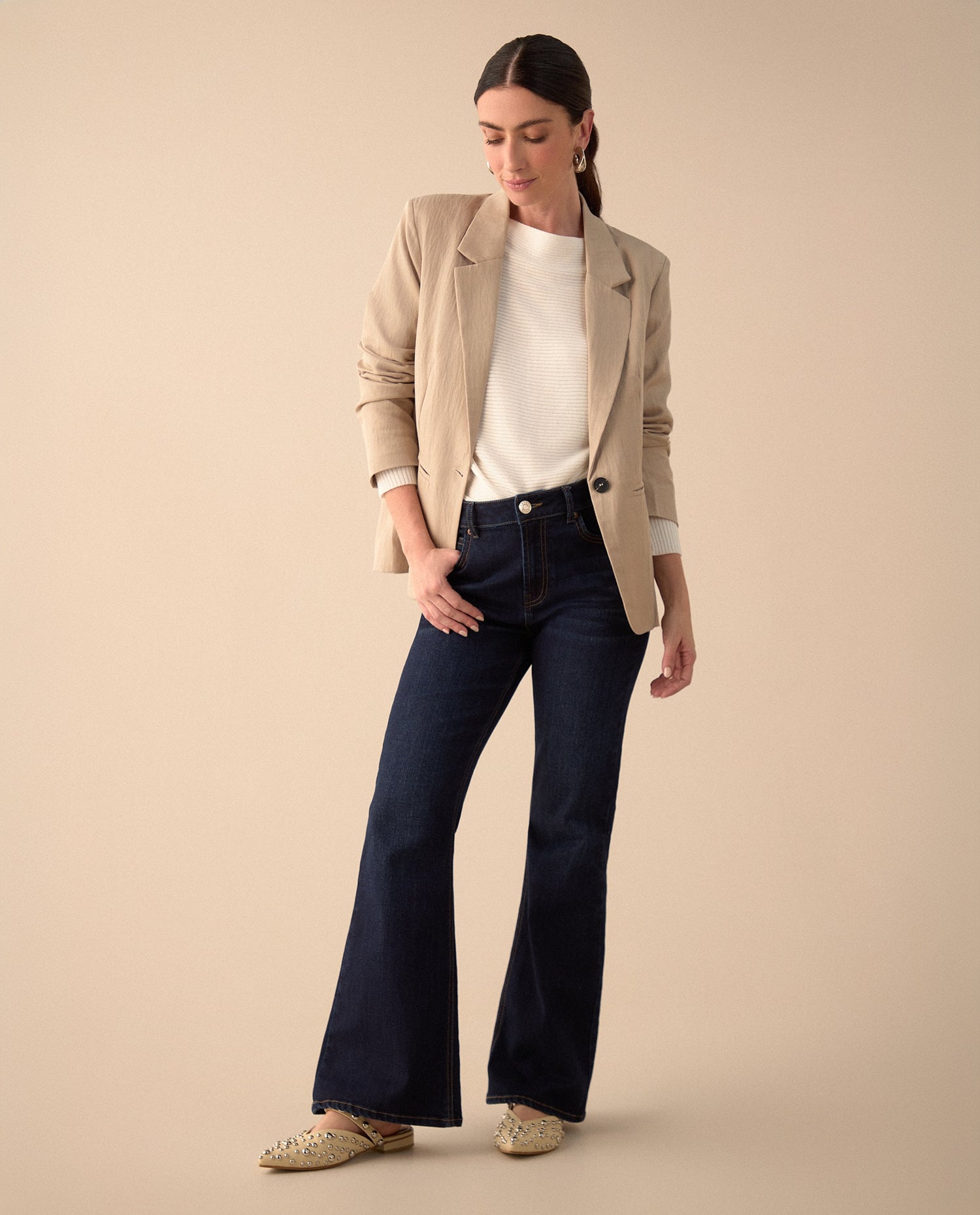 Blazer elegante de cuello solapa para mujer - Beige