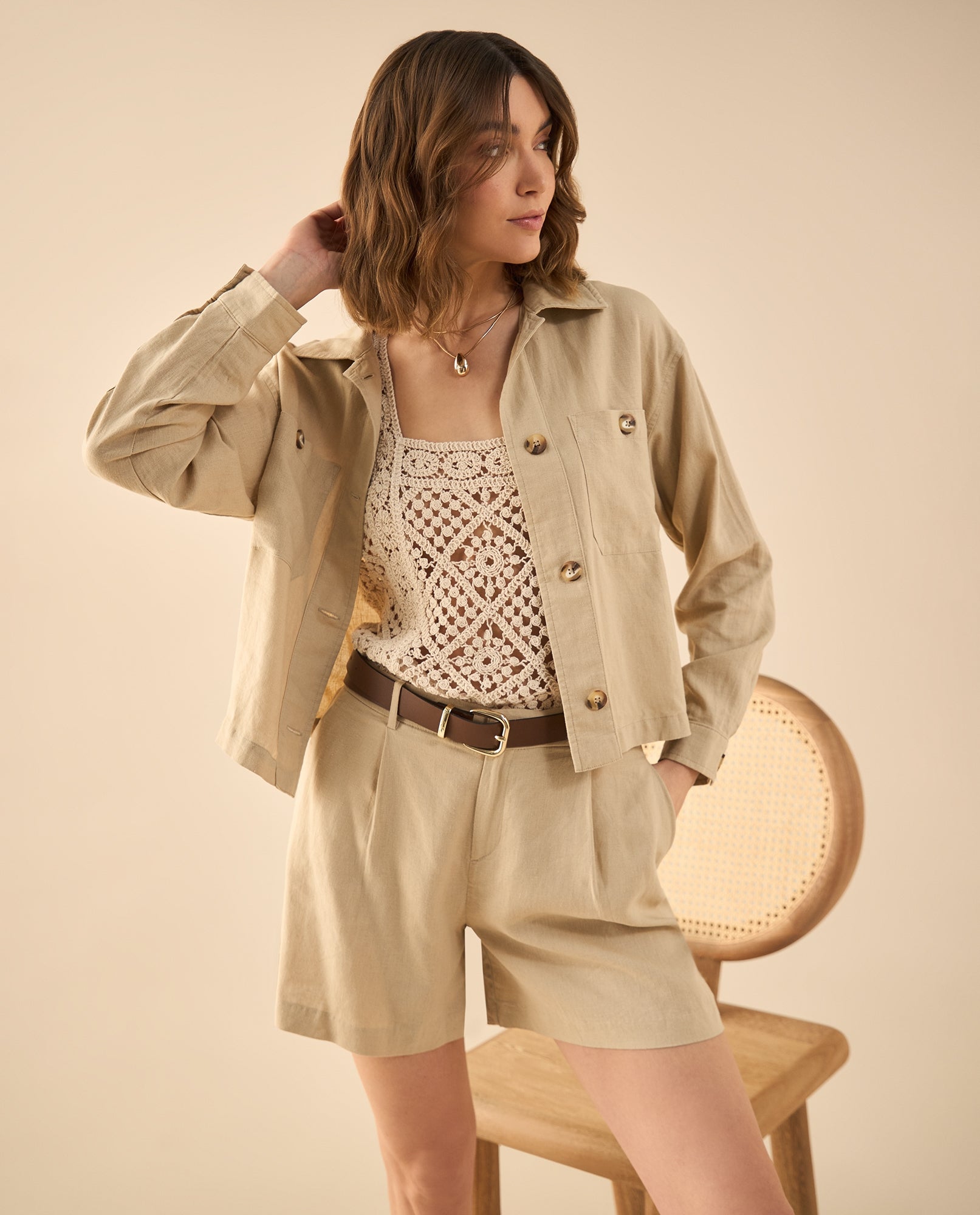 Chaqueta con ajuste de botones para mujer - Beige 34_122G000_BEI151307_0