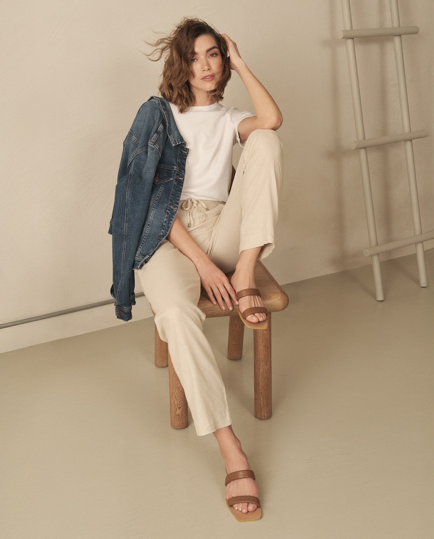 Pantalón con elástico en cintura para mujer - Beige