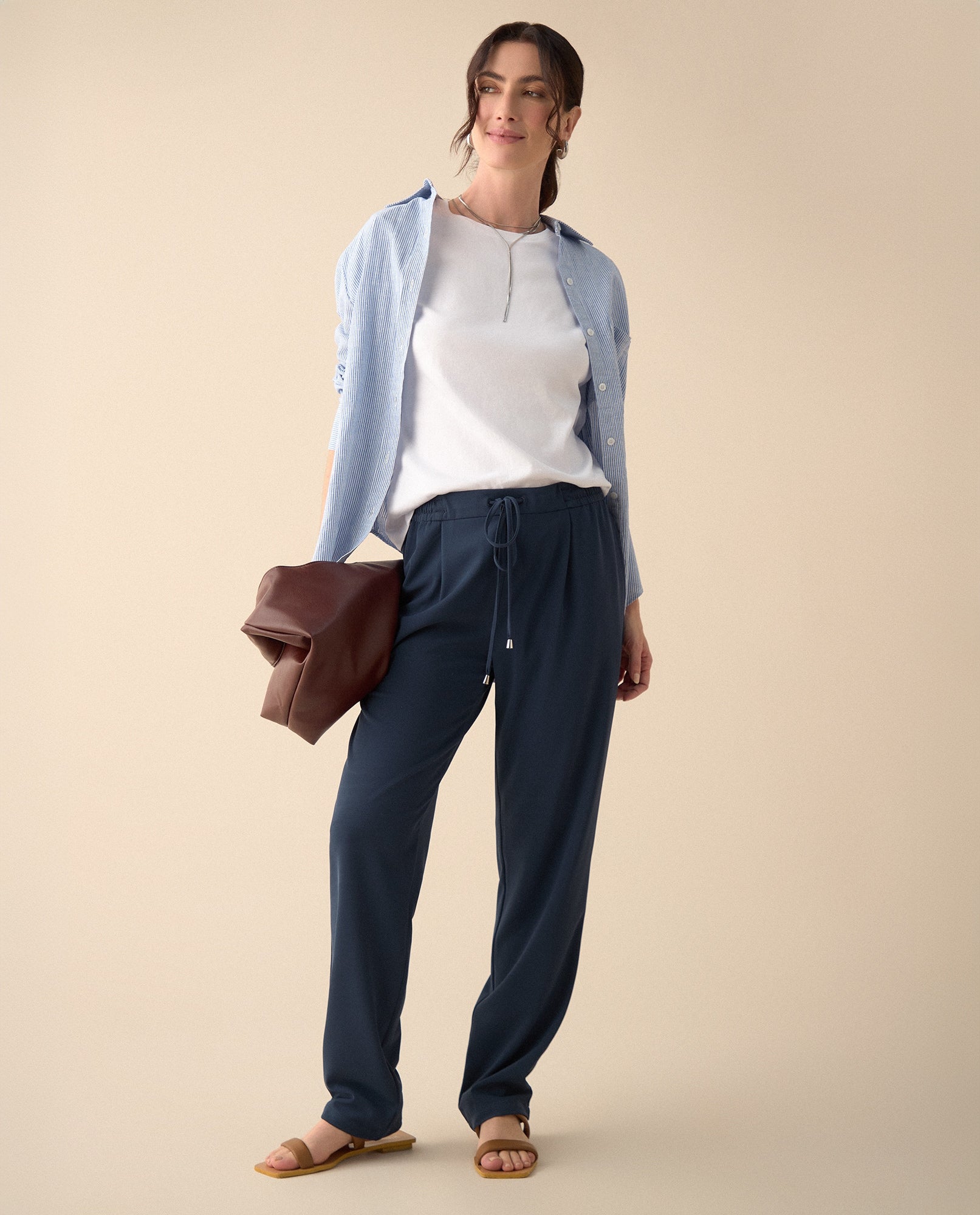 Pantalón elegante ajustable con cordón para mujer - Azul 34_130G915_AZU193832_0