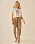 Pantalón bota recta con pretina elástica para mujer - Café