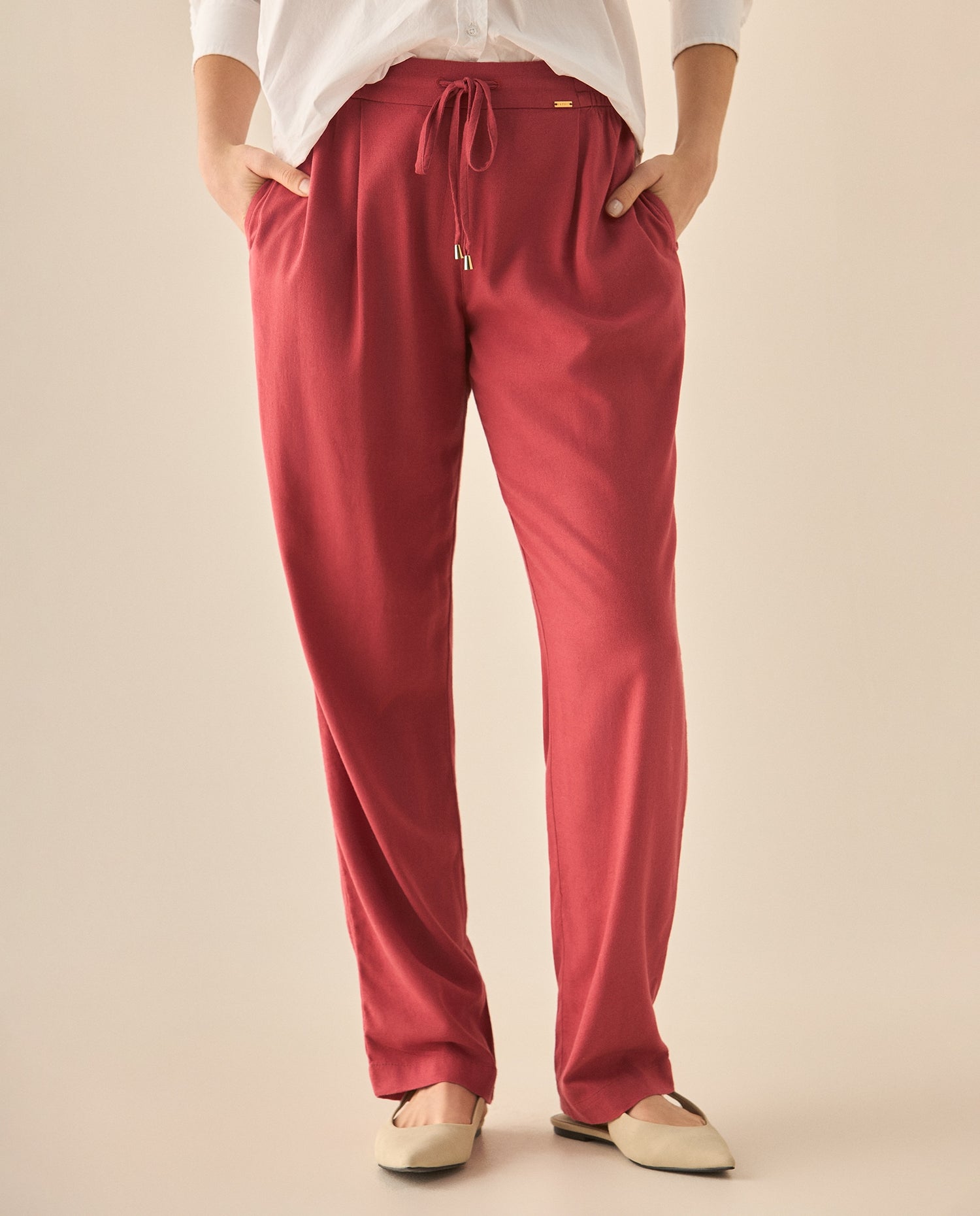 Pantalón bota recta con pretina elástica para mujer - Rojo