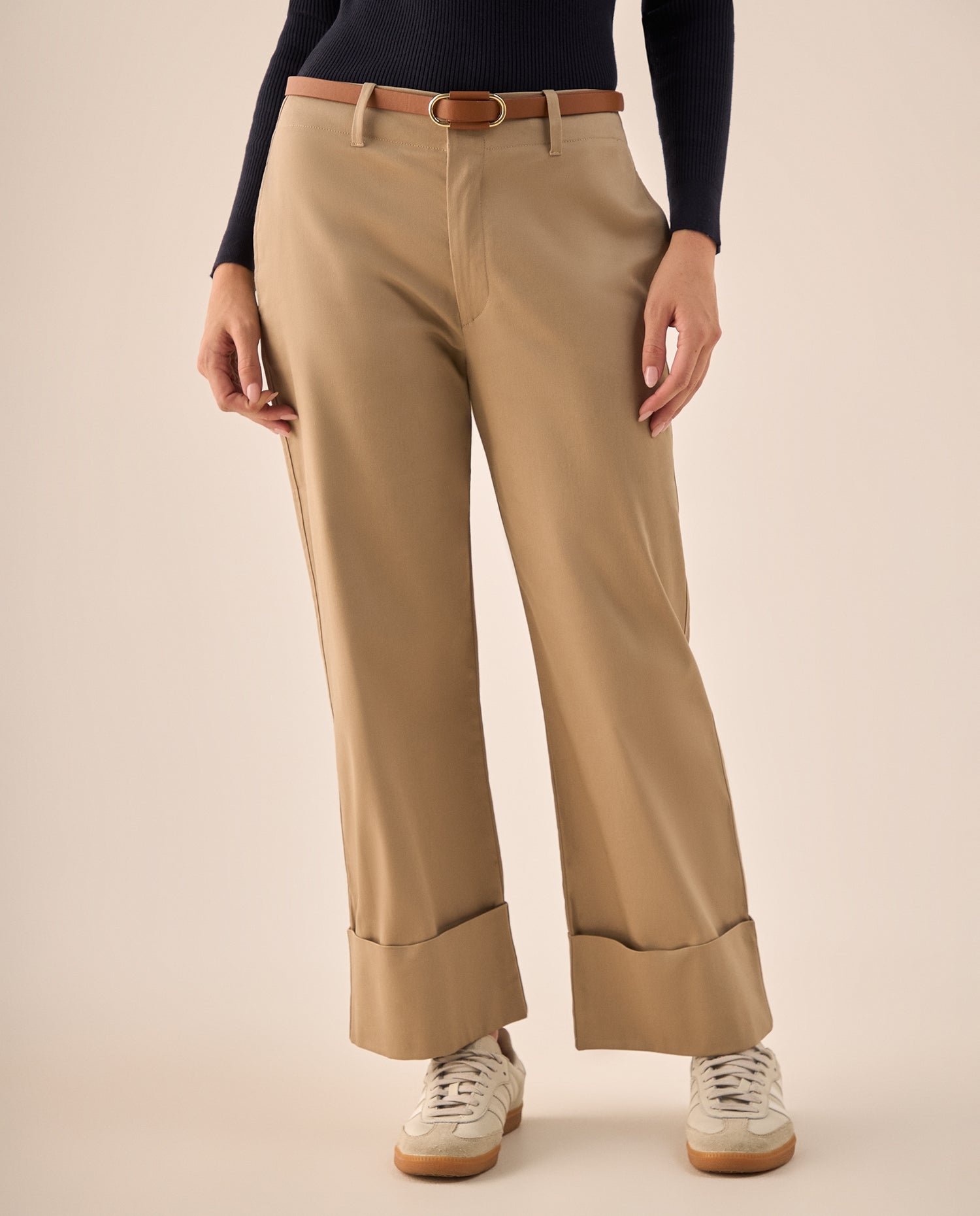 Pantalón Wide Leg con Dobladillo Amplio - Beige