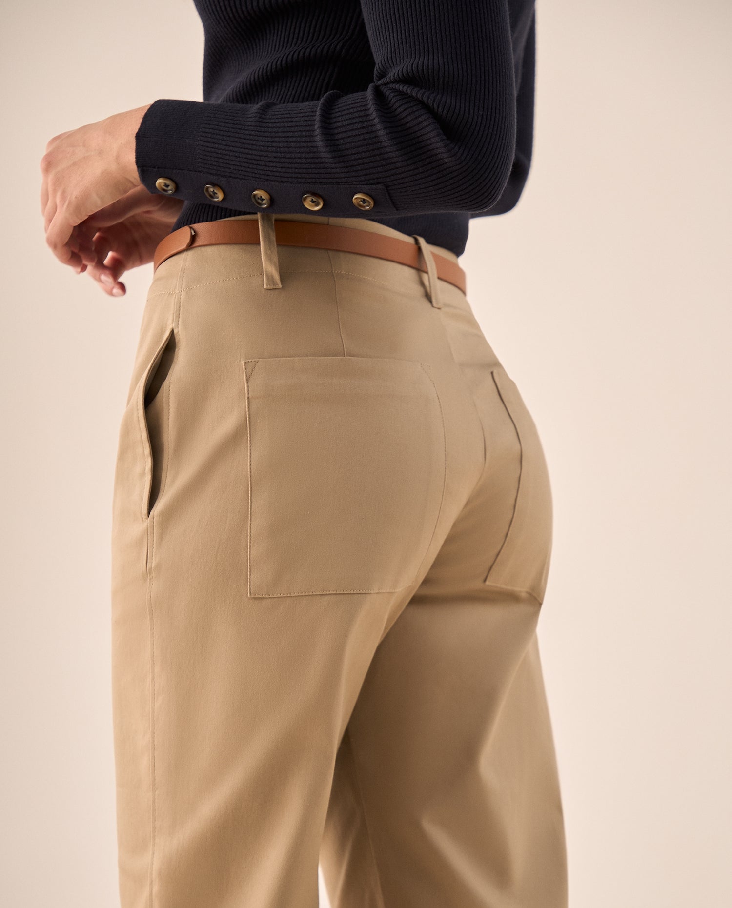 Pantalón Wide Leg con Dobladillo Amplio - Beige