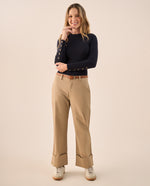 Pantalón Wide Leg con Dobladillo Amplio - Beige