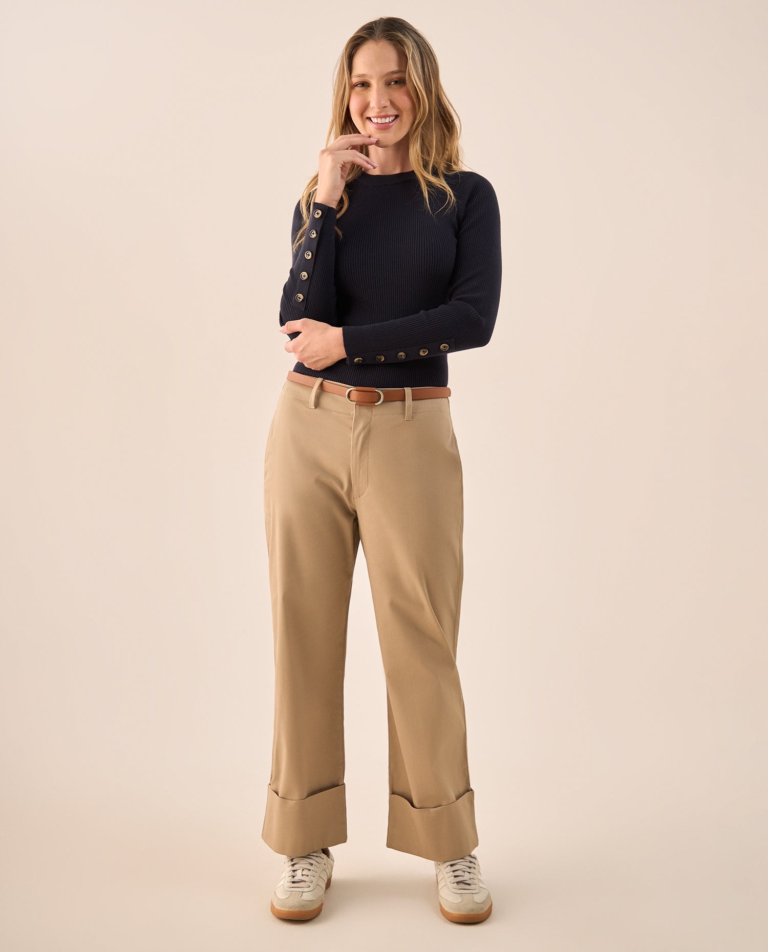 Pantalón Wide Leg con Dobladillo Amplio - Beige