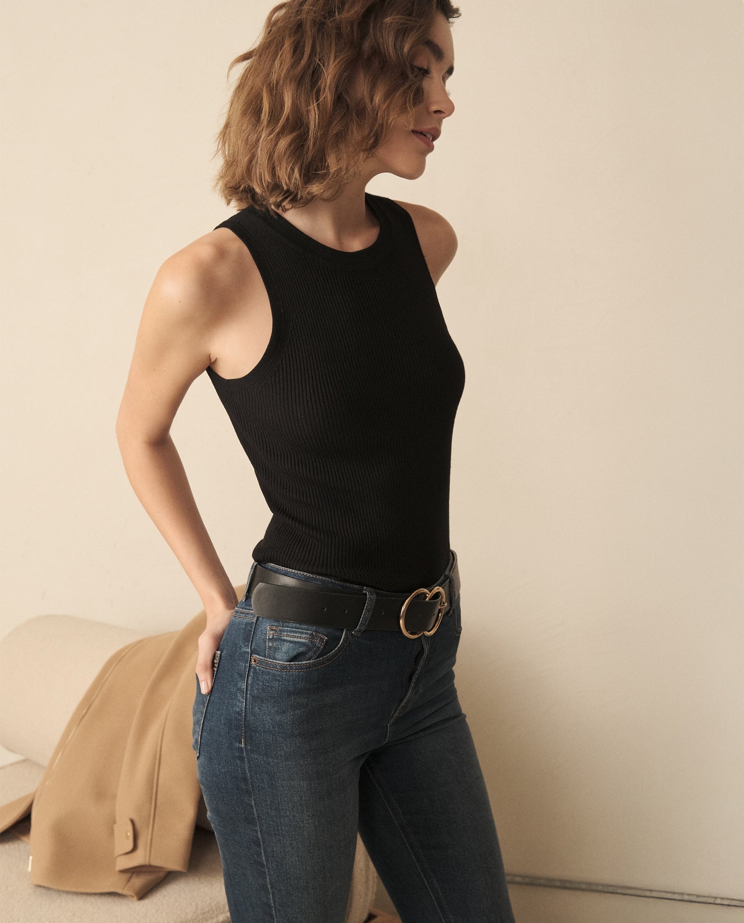 Camiseta tejida manga sisa para mujer - Negro
