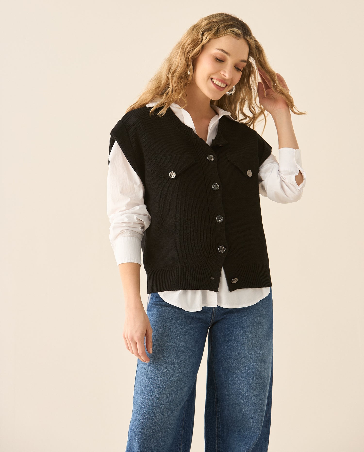 Chaleco tejido cuello redondo para mujer - Negro