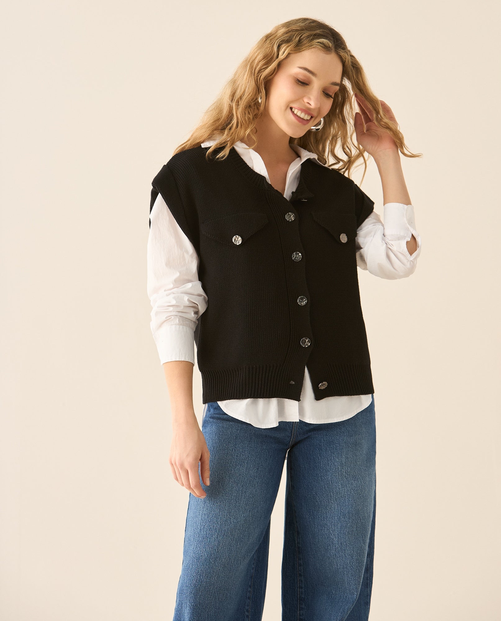 Chaleco tejido cuello redondo para mujer - Negro 34_162G207_NEG193909_0