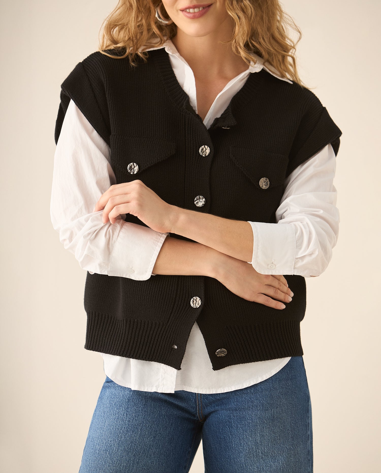 Chaleco tejido cuello redondo para mujer - Negro
