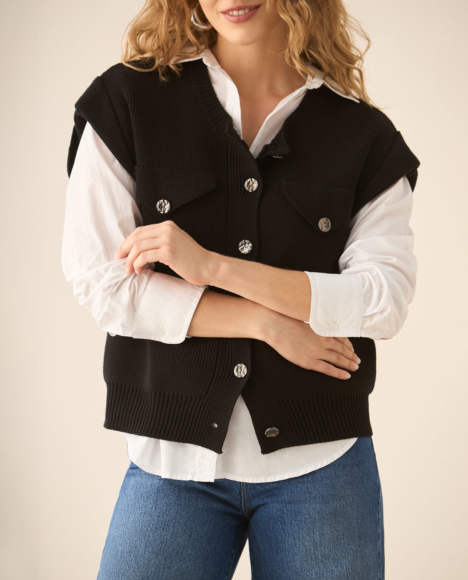 Chaleco tejido cuello redondo para mujer - Negro 34_162G207_NEG193909_3