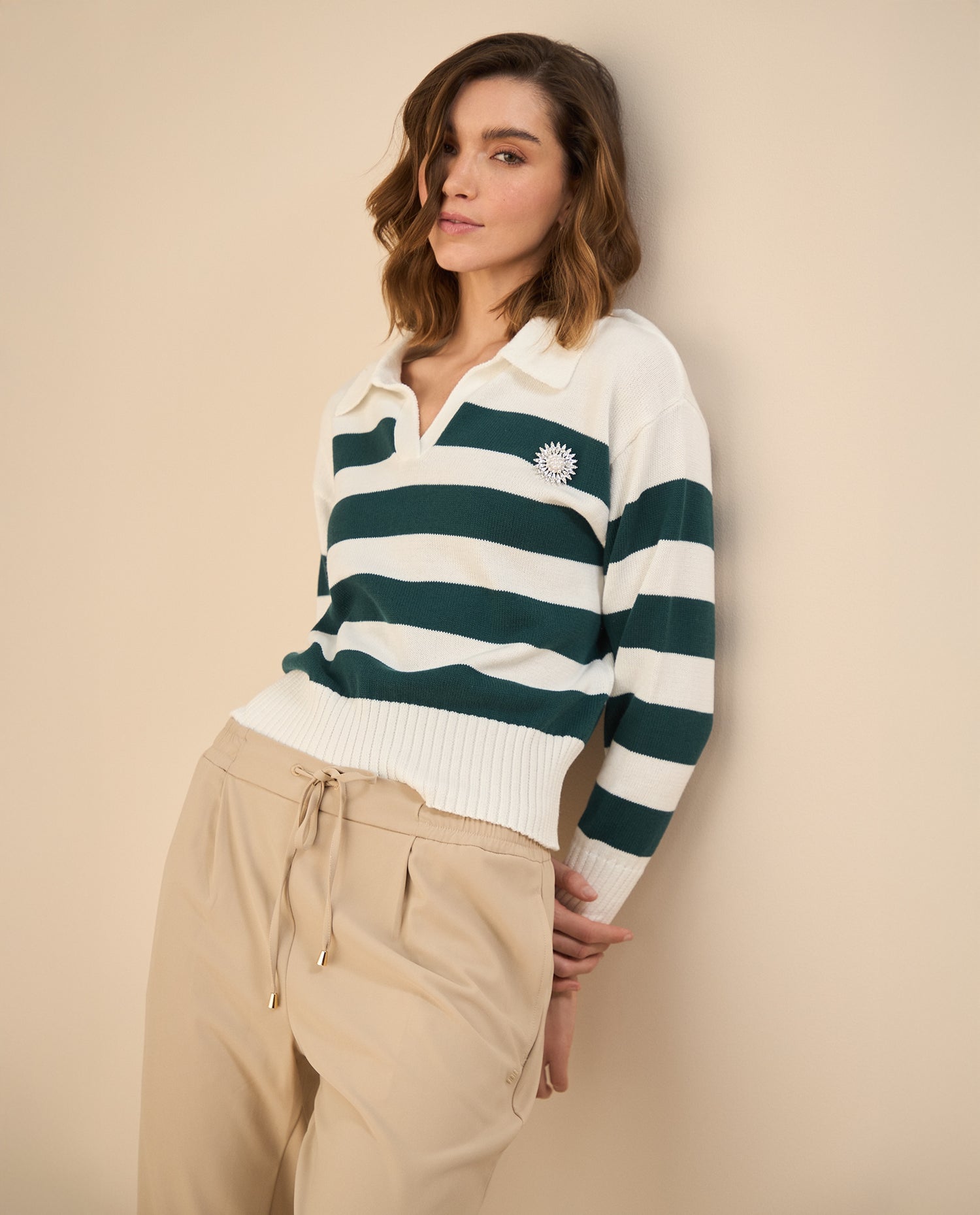 Buzo tejido de cuello clásico para mujer - Verde