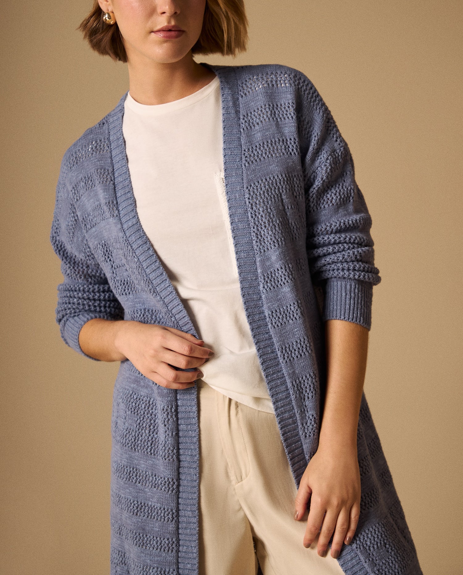 Cardigan Largo con Tejido Calado Geométrico - Azul