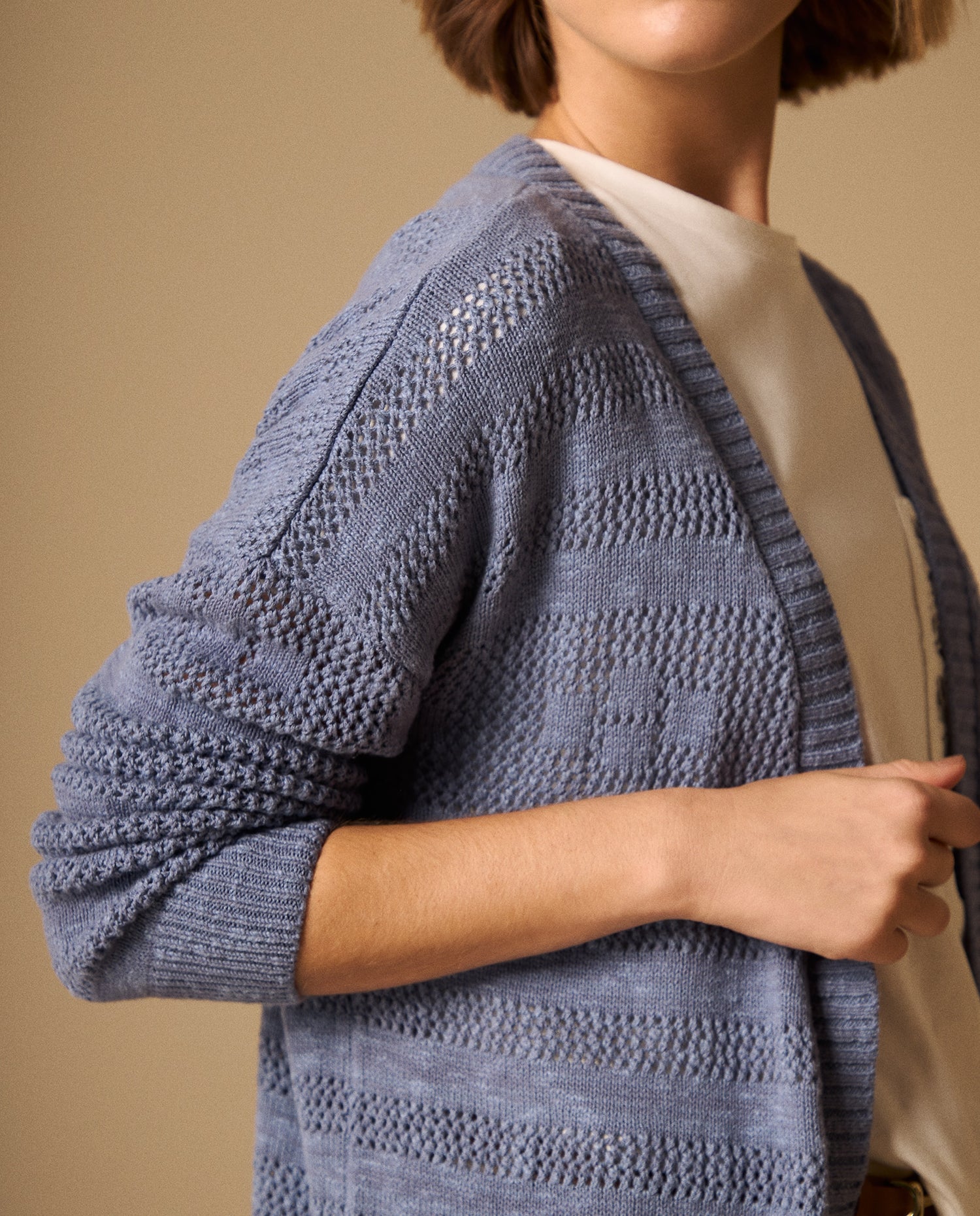 Cardigan Largo con Tejido Calado Geométrico - Azul