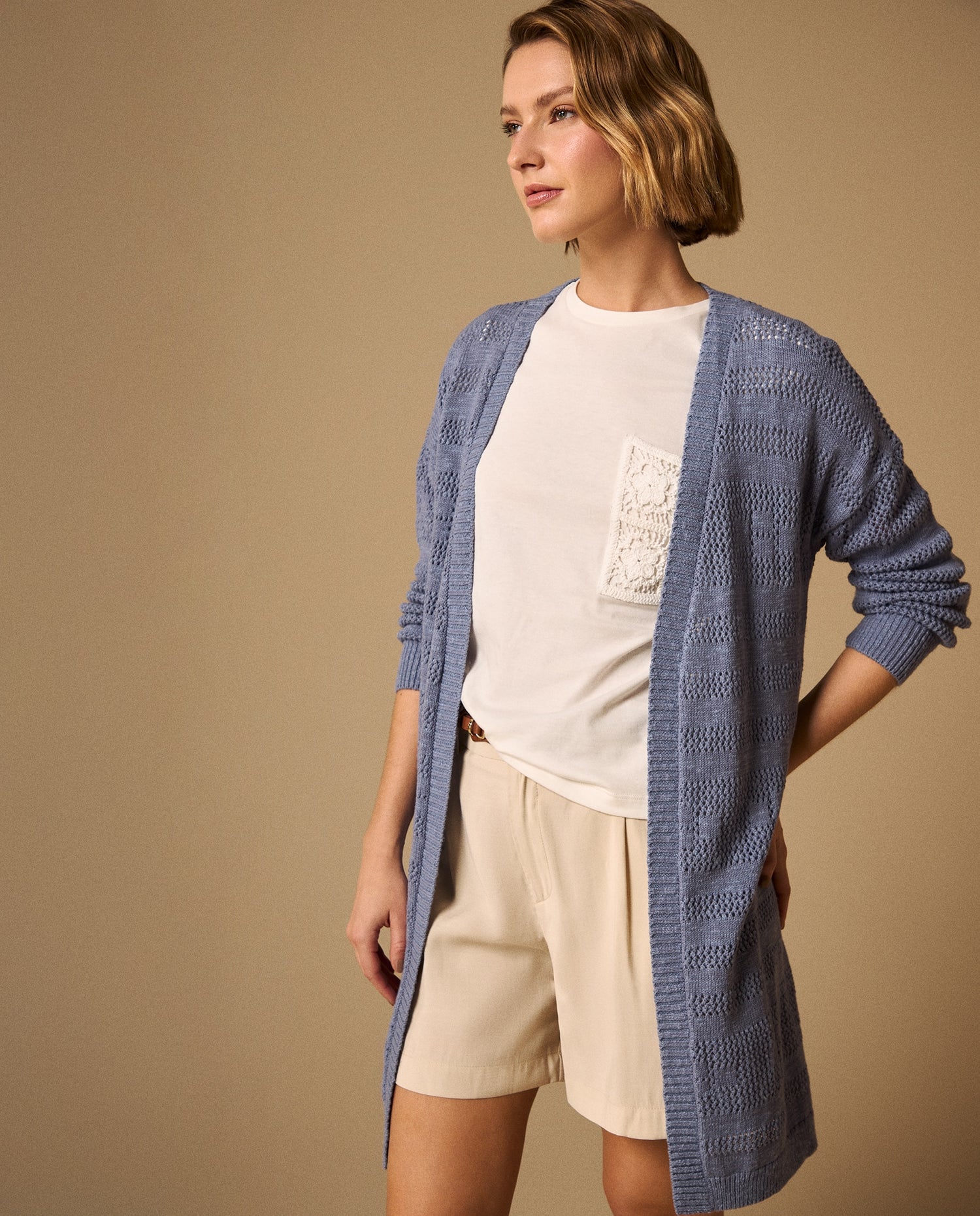 Cardigan Largo con Tejido Calado Geométrico - Azul