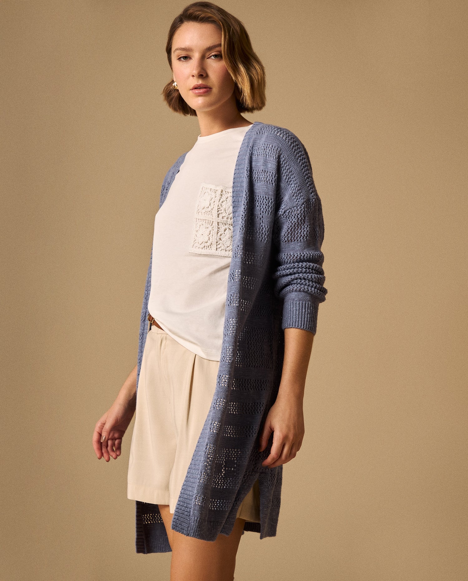 Cardigan Largo con Tejido Calado Geométrico - Azul