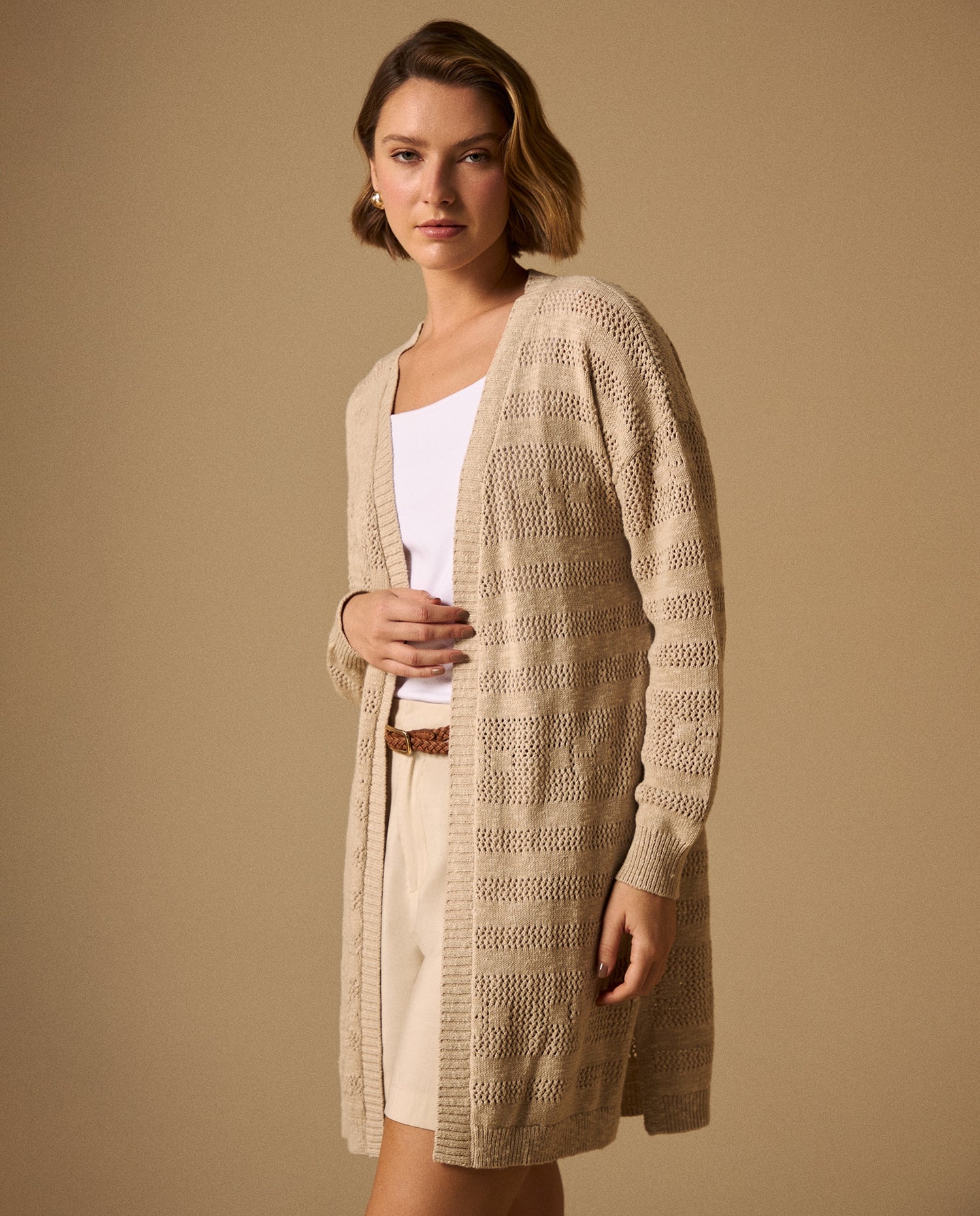 Cardigan Largo con Tejido Calado Geométrico - Beige