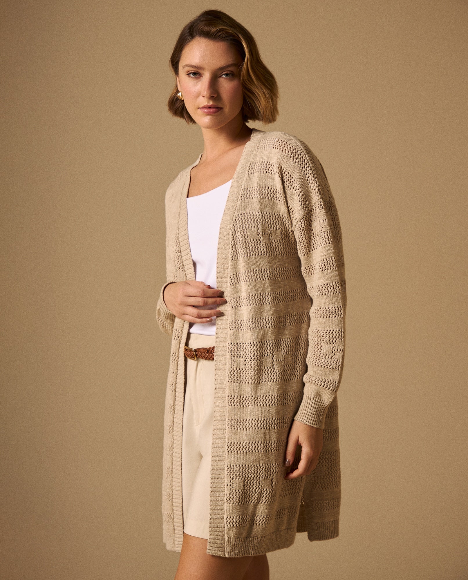 Cardigan Largo con Tejido Calado Geométrico - Beige 34_169G220_BEI171022_3