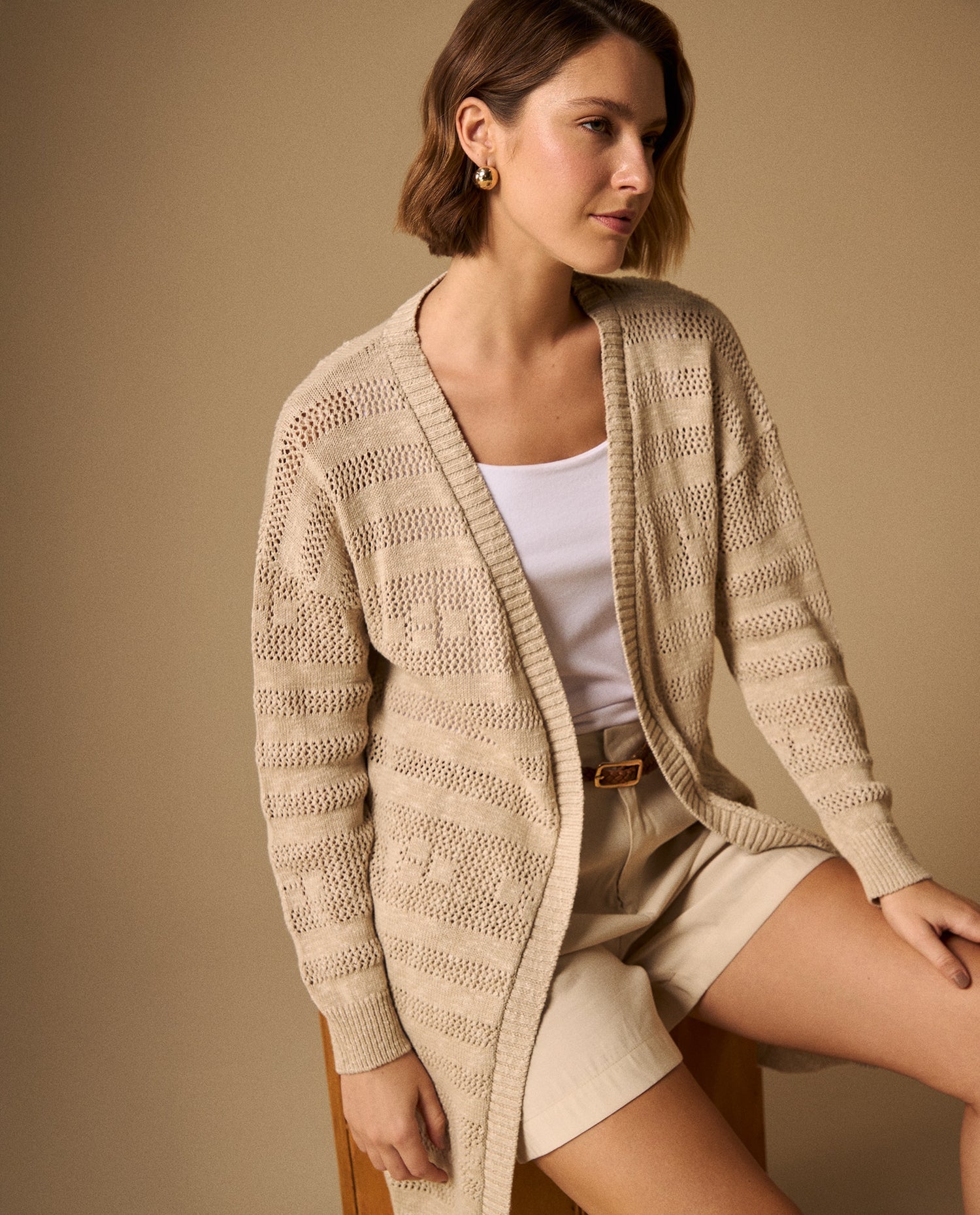 Cardigan Largo con Tejido Calado Geométrico - Beige