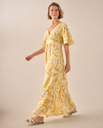Vestido Maxi Tropical Amarillo con Mangas Volumen - Amarillo