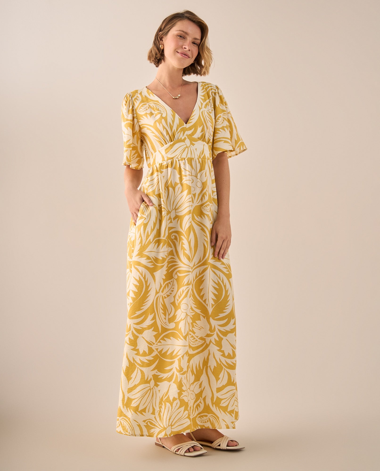 Vestido Maxi Tropical Amarillo con Mangas Volumen - Amarillo 34_199G001_AMA140935_3