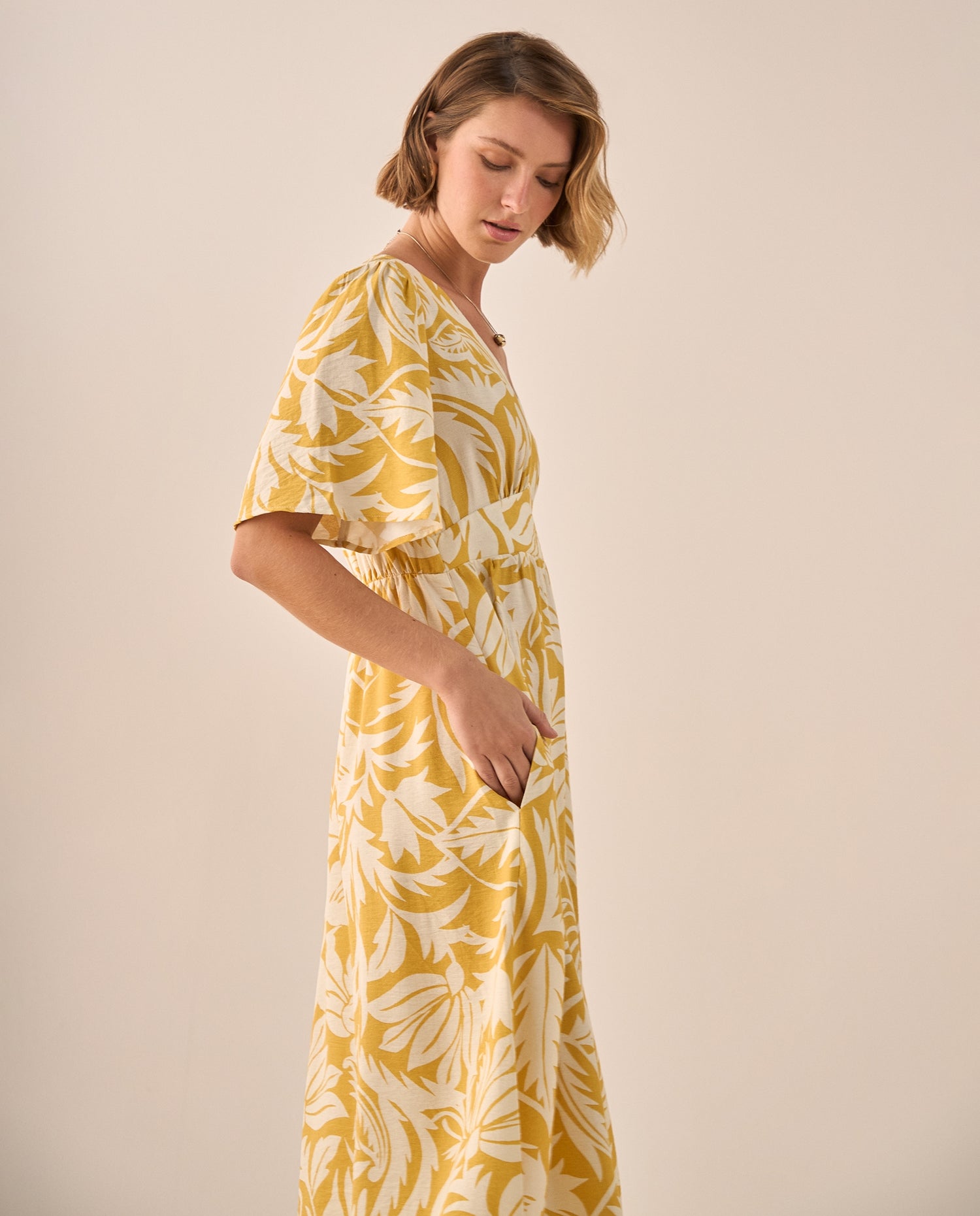 Vestido Maxi Tropical Amarillo con Mangas Volumen - Amarillo